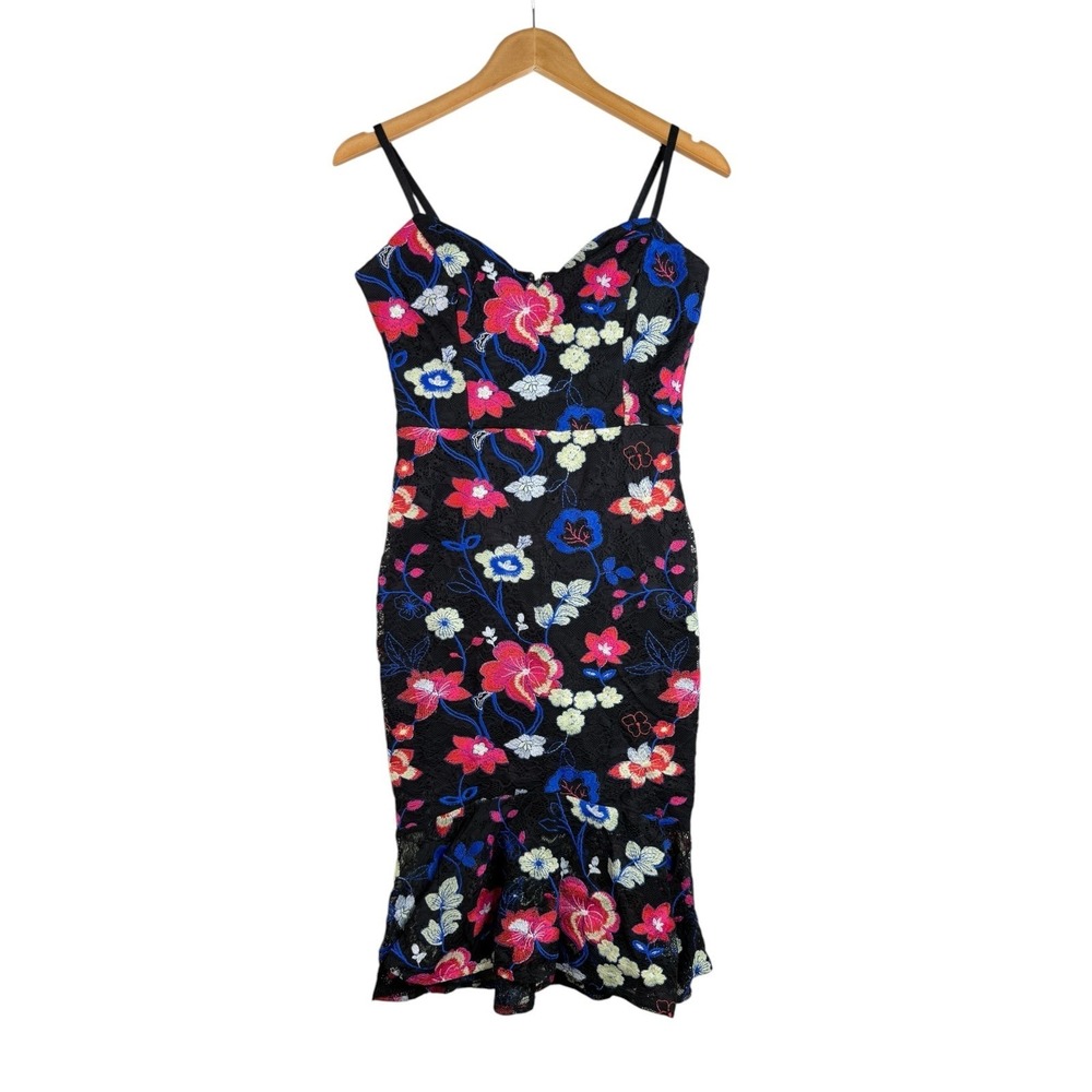 Guess Floral Embroidered Midi Dress size 4 Black/Multicolor